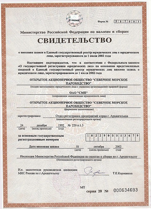 Свидетельство ЕГРЮЛ Свидетельство ЕГРЮЛ